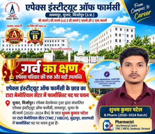 एपेक्स इंस्टीट्यूट ऑफ फार्मेसी के छात्र का टाटा मेमोरियल सेंटर में फार्मासिस्ट पद पर चयन
