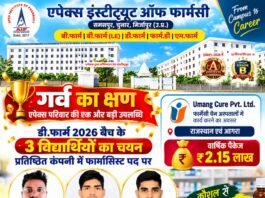 एपेक्स इंस्टीट्यूट ऑफ फार्मेसी के तीन विद्यार्थियों का फार्मासिस्ट पद पर चयन