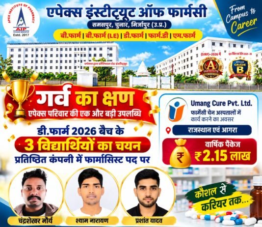 एपेक्स इंस्टीट्यूट ऑफ फार्मेसी के तीन विद्यार्थियों का फार्मासिस्ट पद पर चयन